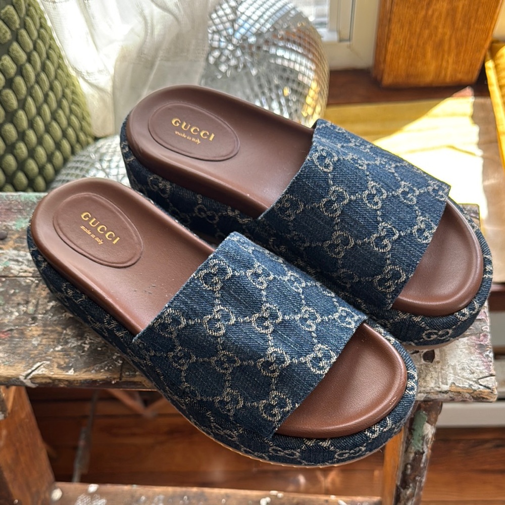 Gucci Denim Blue and Brown Monogram Slide Sandals